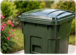 Clean outdoor trash can in a garden