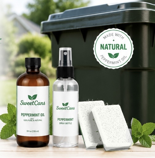 SweetCans peppermint oil, spray bottle, white sponge inserts, and outdoor trash can