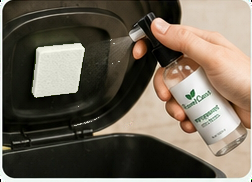 Spraying peppermint solution onto a white sponge inside a trash can lid